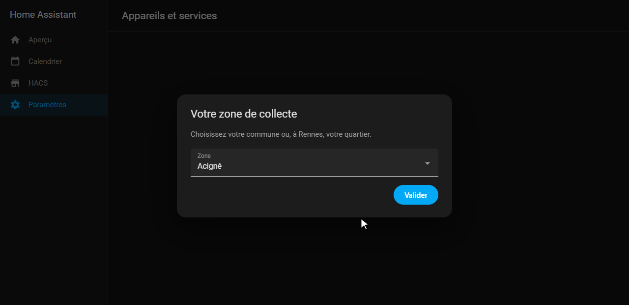 Choosing the collection zone: the town of Acigné selected in the list