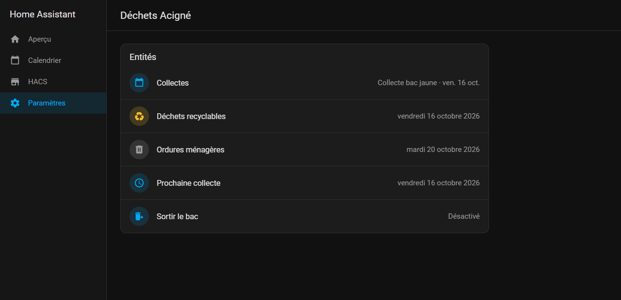 The five entities created for Acigné: Collections, Recyclables, Household waste, Next collection, Put the bin out