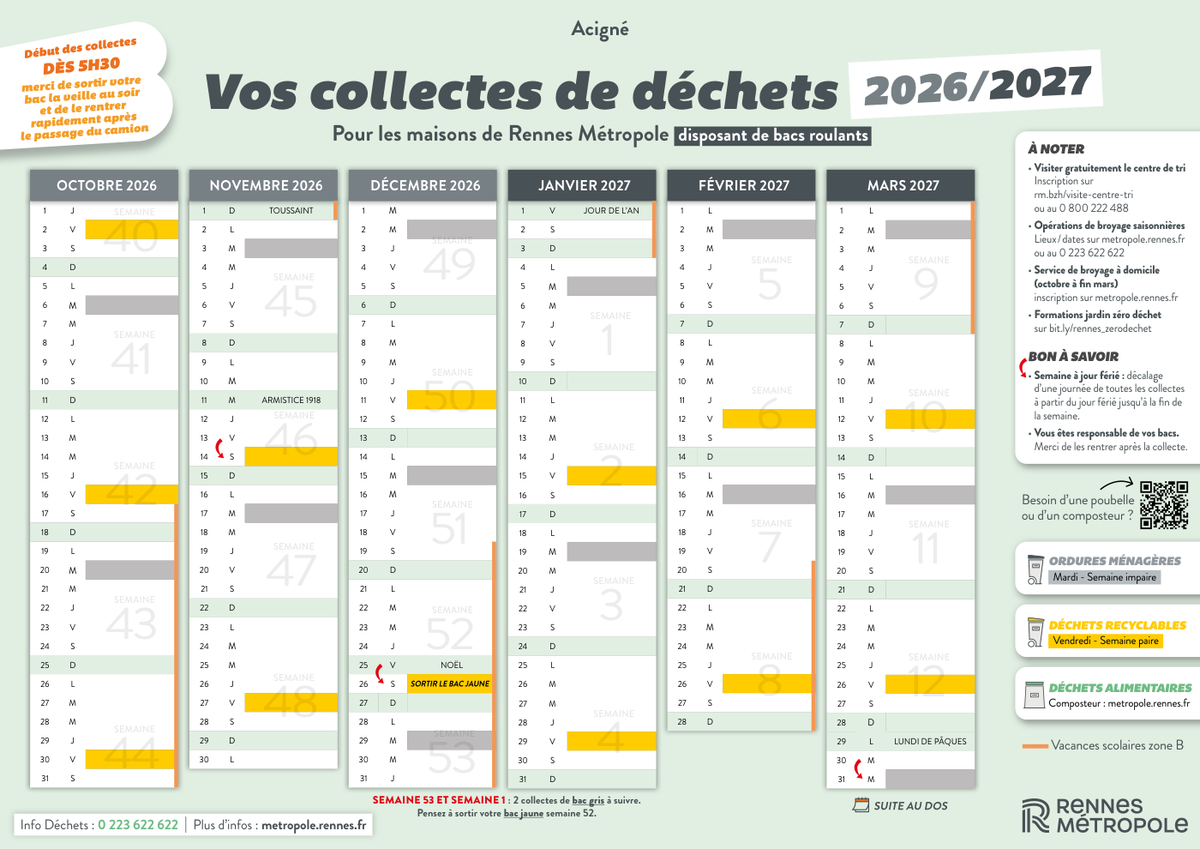 2026-2027 collection calendar for Acigné published by Rennes Métropole: six month columns, grey and yellow boxes