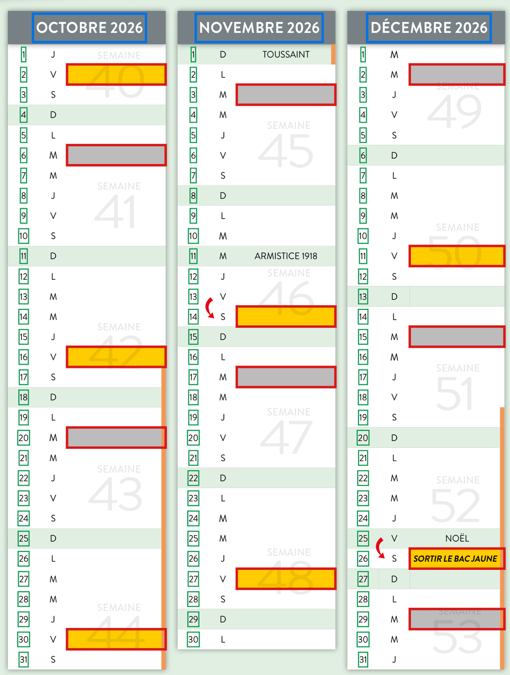 The Acigné calendar with the script's landmarks: months framed in blue, day numbers in green, collection boxes in red