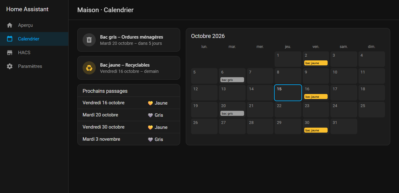 Home Assistant dashboard (in French): next grey bin, next yellow bin and the October 2026 calendar