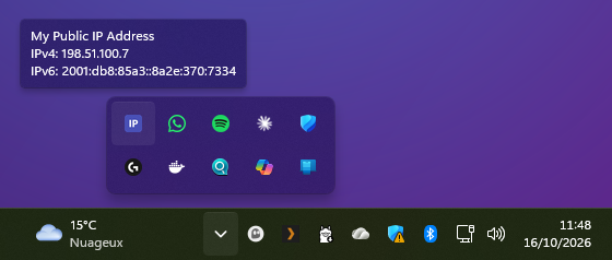 Tooltip of the notification area icon: public IPv4 and IPv6