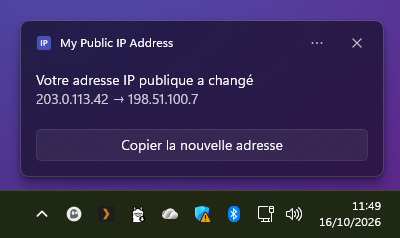 Notification Windows : « Votre adresse IP publique a changé », avec un bouton pour copier la nouvelle adresse