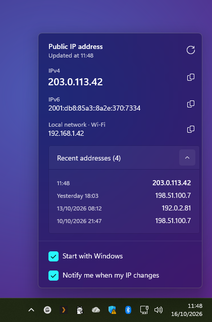 Panel above the clock: public IPv4 and IPv6, local network and recent addresses